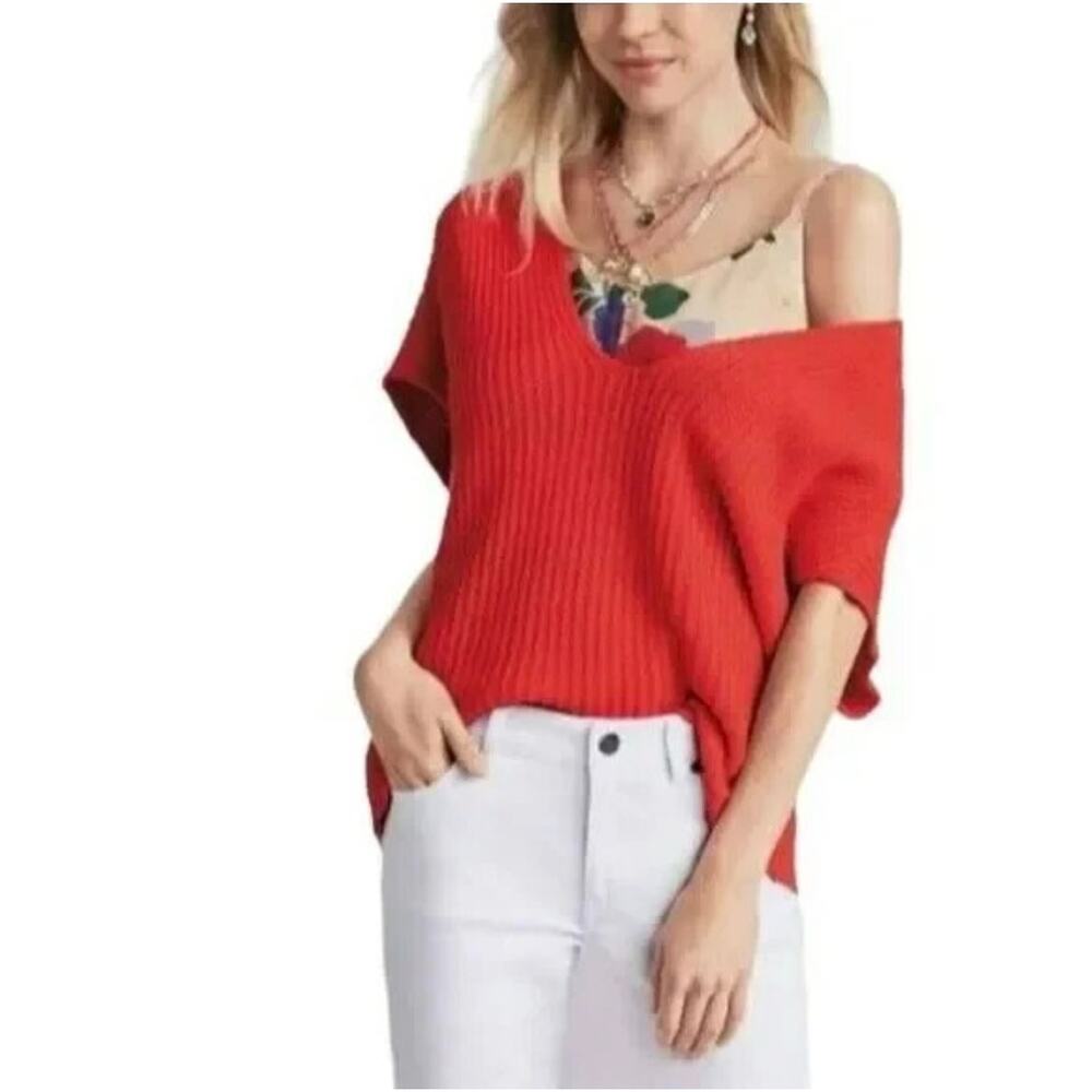 Cabi Oversized Knit Ruby Pullover Sweater Short Sleeve Orange/Red Women's S Boho
